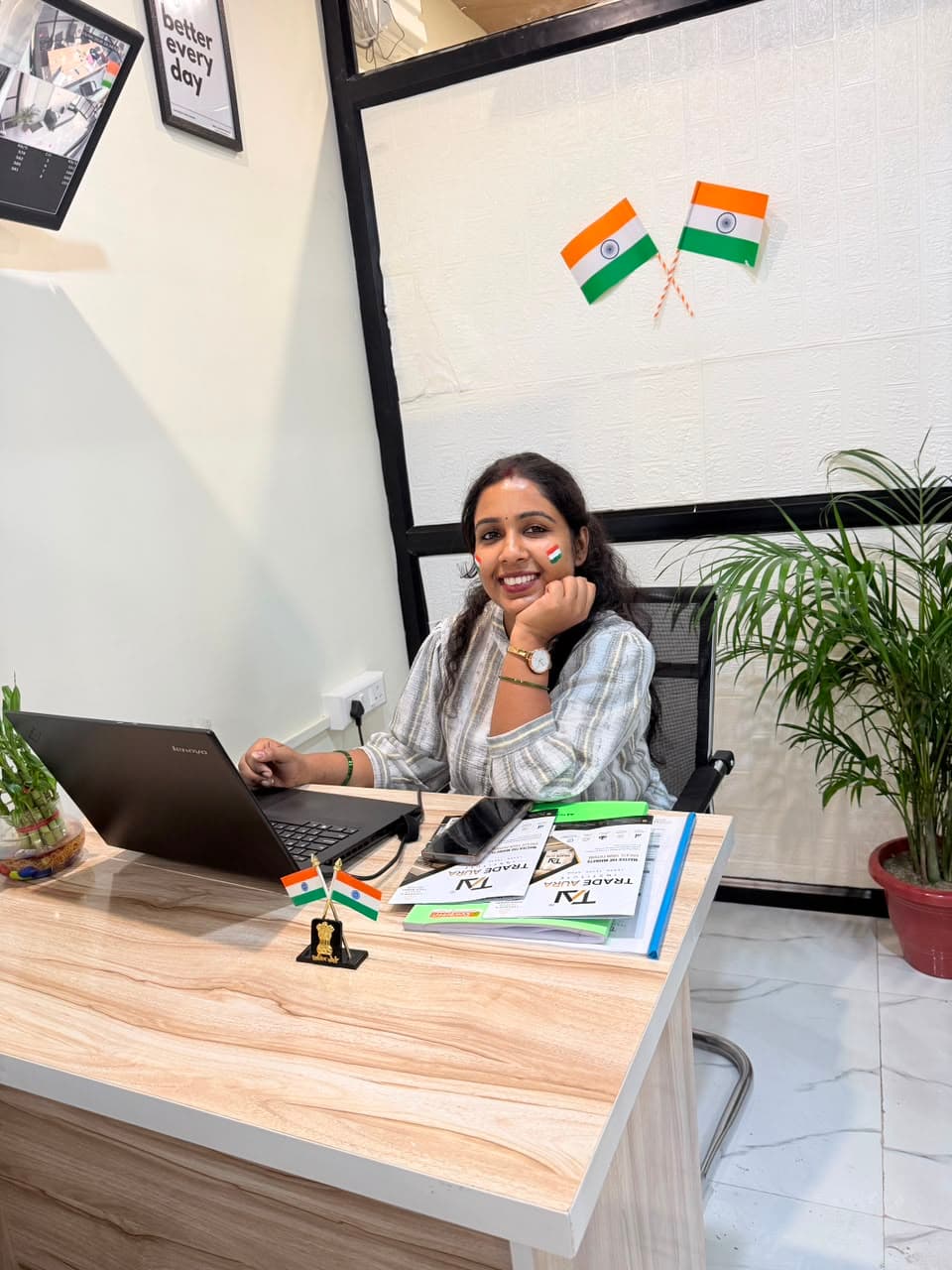 TradeAura classroom decorated with tricolor balloons and rangoli for Independence Day
