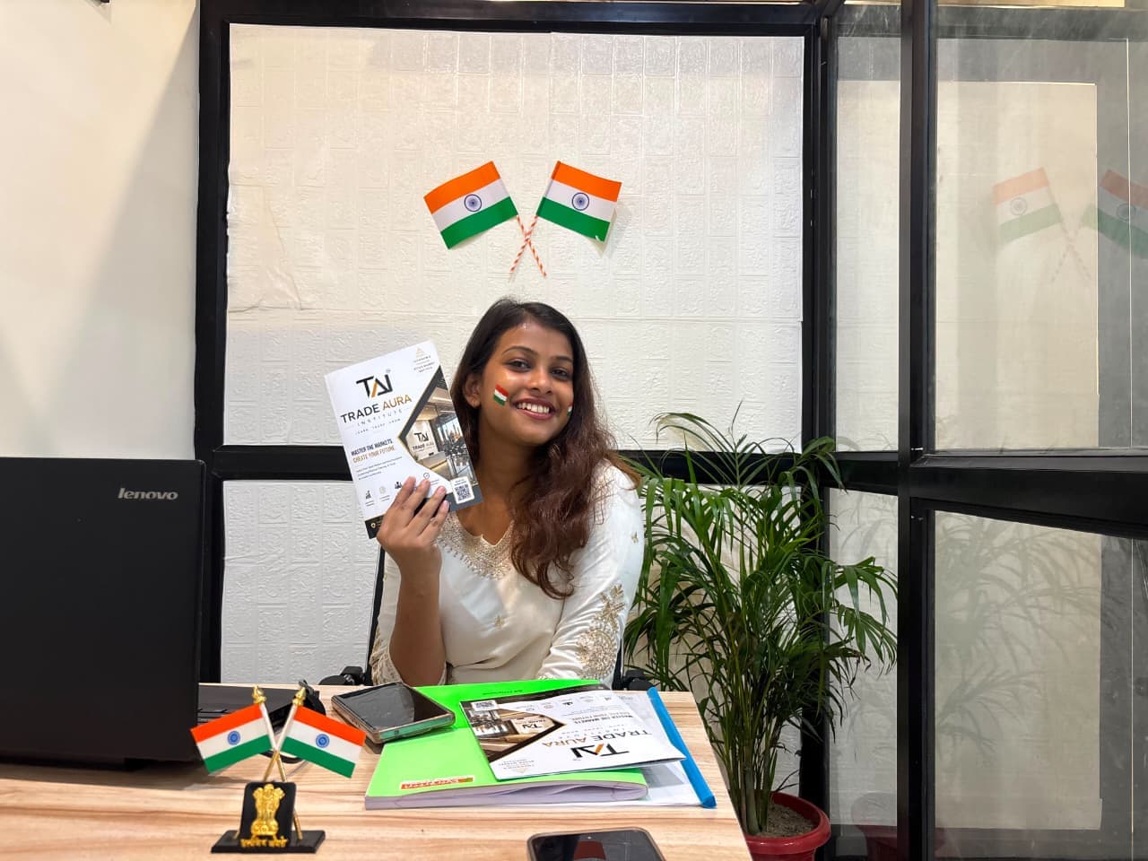 TradeAura Institute entrance decorated with Indian flag and tricolor theme for Independence Day